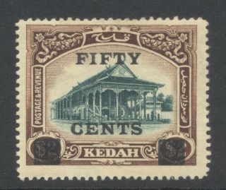 1919 Kedah (malaysia) 50c On $2 Sg 24 Hinged Cat £70.  00