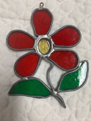 VINTAGE stained GLASS window ornament SUN CATCHER Red,  flower green leaves 2