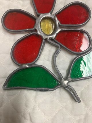 VINTAGE stained GLASS window ornament SUN CATCHER Red,  flower green leaves 3