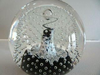 Signed Caithness Art Glass Scotland Starlight Paperweight Black White Bubbles