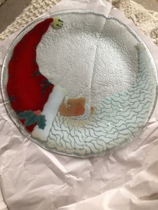 14” Signed Peggy Karr Fused Art Glass Crescent Moon Santa Face Christmas