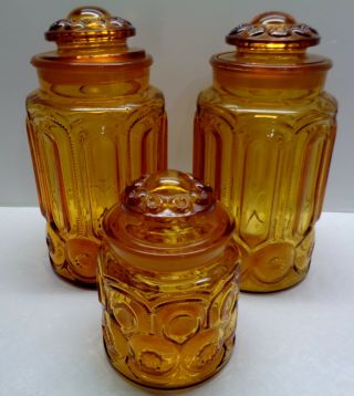 3 Le Smith Amber Tan Moon & Stars Two 11 " & 7 " Canisters & Lids