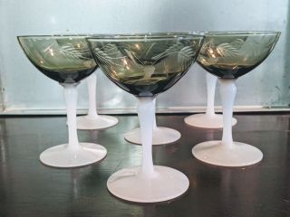 Antique H.  C.  Fry Champagn Glasses Etched Smoky Milk Glass / Opal Stemmed (6)