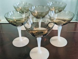 Antique H.  C.  Fry Champagn Glasses Etched Smoky Milk Glass / Opal Stemmed (6) 2