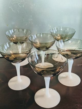 Antique H.  C.  Fry Champagn Glasses Etched Smoky Milk Glass / Opal Stemmed (6) 3