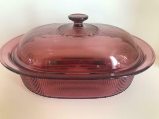 Corning Ware Cranberry Visions 4 Qt Roaster With Lid V - 34 - B - Ribbed Casserole