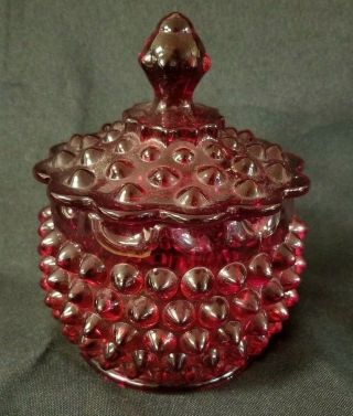 Vintage Fenton Ruby Red Glass Hobnail Candy Dish With Lid - Scalloped Rim