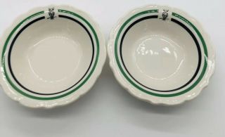 2 Vintage Syracuse Restaurant Ware China Soup Bowls Green Black Striped With Owl