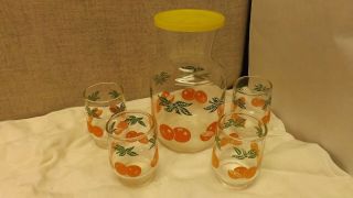 Vintage Orange Juice Pitcher And 4 Glasses