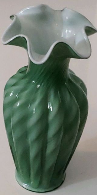 Fenton Heritage Art Glass Vase Rare Crystal Cased Feather Ivy Celadon Green