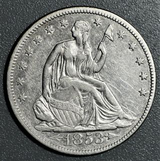 1853 W/ Arrows & Rays 50c Silver Seated Liberty Half Dollar,  Grade Ch Bu,  Eq8