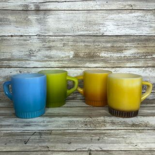 Fire King Anchor Hocking Set Of 4 Coffee Mugs Cups Green Blue Orange Yellow