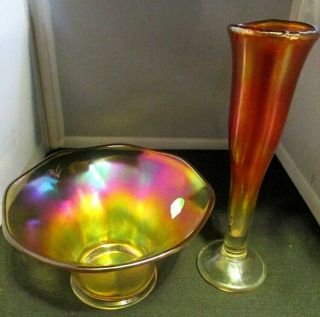 Two Old Carnival Glass Vases,  1 Tall & Slender,  Other Maybe A Wide Panel Squatty