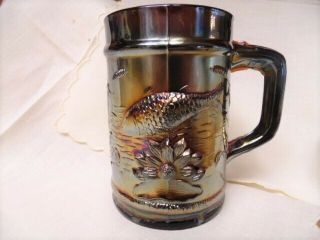 Antique Dugan Carnival Glass Amethyst Mug High Relief Fish & Water Lily 4 " Tall