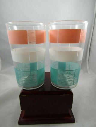 2 X Vintage Mid Century Drinking Glasses - Colored Striped Design 4.  75 " Tall