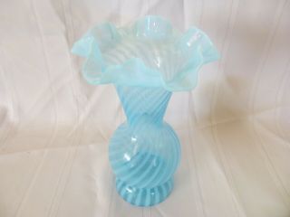 Vintage Fenton Blue Opalescent Art Glass Rib Stripe Tall 8 - 1/2 " Ruffle Top Vase