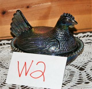 Blue Indiana Iridescent Carnival Glass Chicken Hen On Basket Nest Candy Dish W2