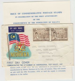 Malaya 1957 Attainment Of Independence Official Illustrated Fdc With Kuantan Cd