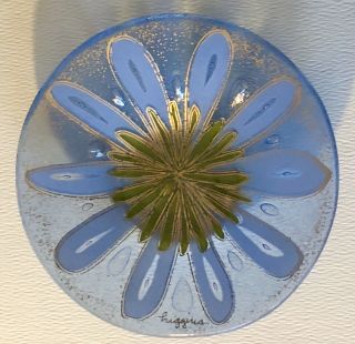 Vintage Mid Century Modern Higgins Fused Art Glass Small Blue Flower Plate Bowl