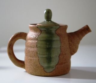 Crafted Porcelain Hand Asian Tea Pot Green Sand Pottery Thrown Rustic Charming