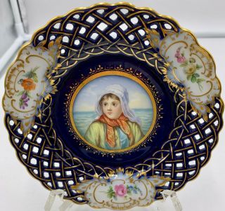 Antique Meissen Reticulated Blue Gold Portrait Of Young Boy By The Sea 6 " Plate