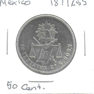 Mexico 1877zs S 50 Centavos Silver Coin Km - 407.  8 Toned Vf
