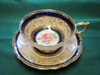 Paragon Cobalt Blue Rich Gold Pink Rose English Fine Bone China Cup & Saucer.