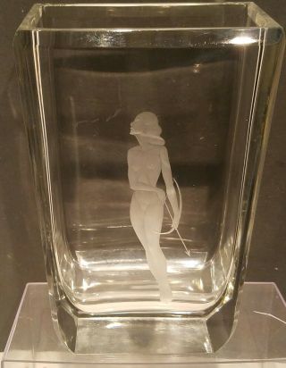 Vintage Art Deco Orrefors Crystal Vase.  Nude Lady W/ Bow & Arrow.  Artist Signed.