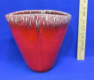 Bright Red Vase Drip Glaze Hand Crafted Pottery Clay Cearmic White Rim 7.  5 " Tall