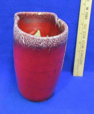 Bright Red Vase Drip Glaze Hand Crafted Pottery Clay Cearmic White Rim 7.  5 
