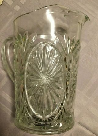 Vintage Clear Etched Cut Glass Starburst Large Pitcher Heavy 9 - 1/4 Inches Tall