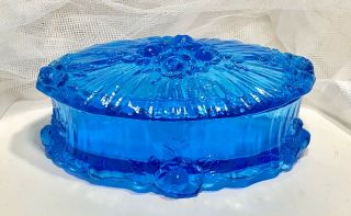 Vintage Colonial Blue Fenton Glass Cabbage Rose Oval Trinket Box Vanity Dish 7”