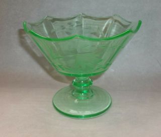 Vintage Green Depression Glass Footed Compote,  Candy Bowl Dish Etched