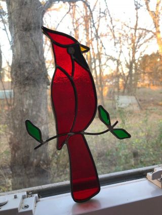 Vintage Stained Glass Cardinal Bird Sun Catcher Red Bird