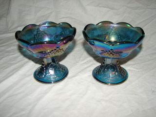 Vintage Jeannette Indiana Blue Grapes Carnival Glass 2 Candle Holders