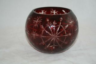 Crystal Glass Rose Bowl Vase Ruby Red Cut To Clear Snowflakes Euc