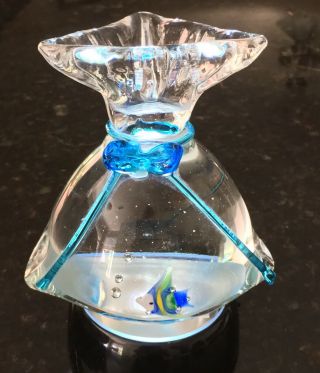 Murano Glass Fish In A Bag Blue Ribbon Paperweight 5” T 2lbs 4 Oz