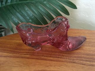 Vintage Fenton Pink Cabbage Rose Glass Shoe Boot Figurine Trinket Dish