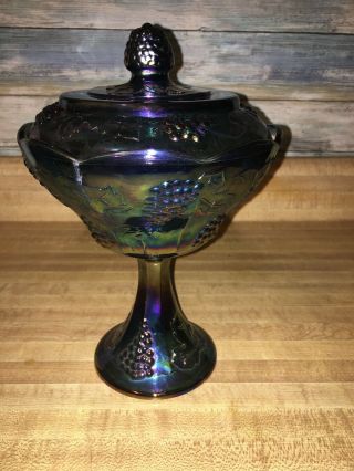 Vintage Indiana Carnival Glass Blue Covered Compote Candy Dish Harvest Grape