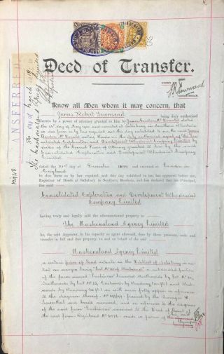 Rhodesia 1906 Bsac Deed Of Transfer Document £1,  5/ - & 1/ - Revenues