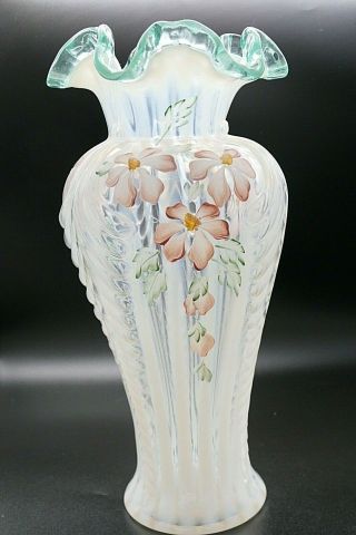 Vintage Fenton Hand Painted Vase White With PinkFlowers Signed Nancy Fenton 2
