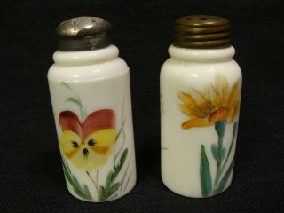 Eapg Opaque White Tall Decorated Shakers