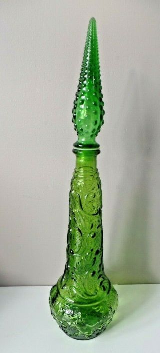 Vintage Empoli Glass Italy Green Genie Bottle With Hobnail Stopper