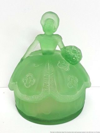 Vintage 1930s Green Vaseline Depression Glass Candy Nut Dish Woman Figurine