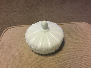 Vintage White Milk Glass Covered Round Candy Dish With Lid Finial Lined Ribbed