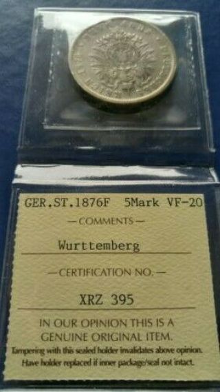 1876 - F Germany Wurttemberg 5 Mark Silver Coin Karl I Iccs Vf - 20