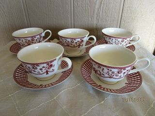 Neiman Marcus Queens China Red Toile Rooster Cup And Saucer Set Of 5