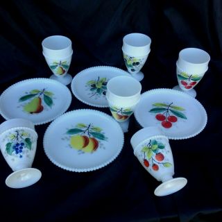 Beaded Edge Fruit By Westmoreland Milk Glass 6 Footed Tumblers 4 Matching Plates