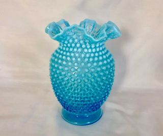 Vintage Light Blue Opalescent Hobnail Glass Vase With Ruffled Edge