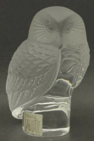 Signed Lalique Clear & Frosted Crystal Chouette Owl Figurine With Label France